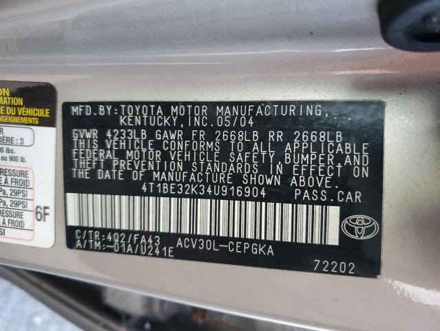 4T1BE32K34U916904 - 2004 TOYOTA CAMRY LE TAN photo 12