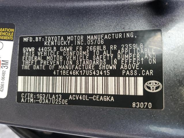 4T1BE46K17U543415 - 2007 TOYOTA CAMRY CE GRAY photo 12
