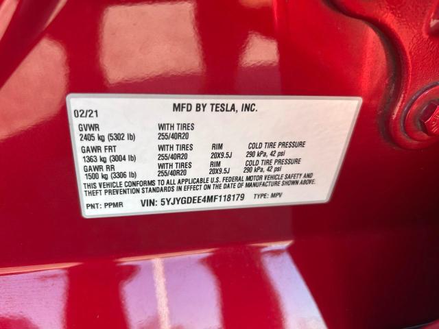 5YJYGDEE4MF118179 - 2021 TESLA MODEL Y 红色 照片 10