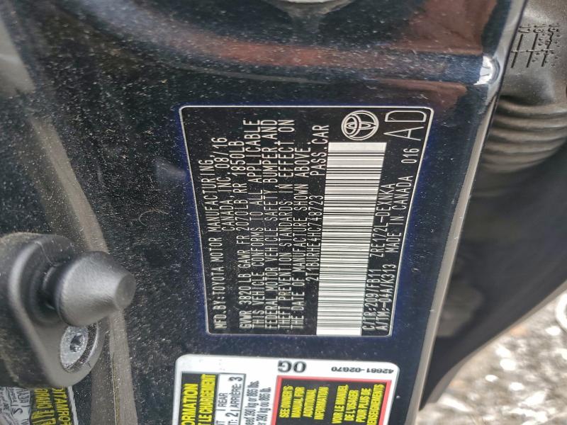 2T1BURHE4HC748723 - 2017 TOYOTA COROLLA L BLACK photo 12