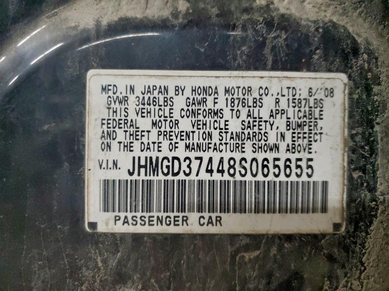 JHMGD37448S065655 - 2008 HONDA FIT შავი ფოტო 12