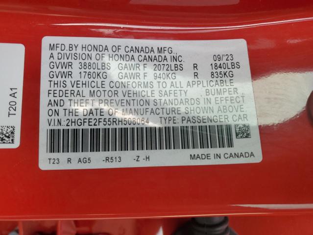 2HGFE2F55RH508064 - 2024 HONDA CIVIC SPORT RED photo 12