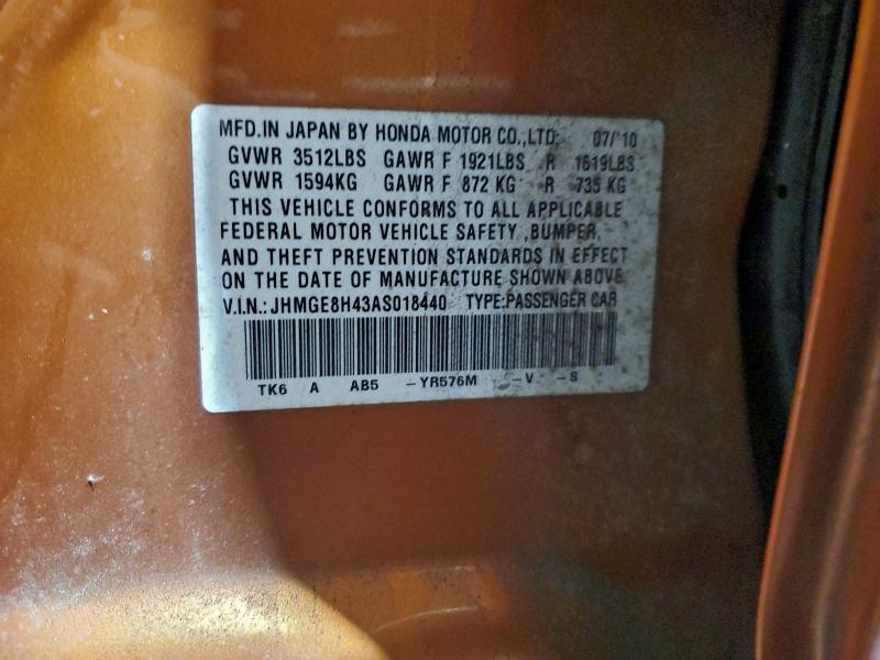JHMGE8H43AS018440 - 2010 HONDA FIT SPORT 橙色 照片 12