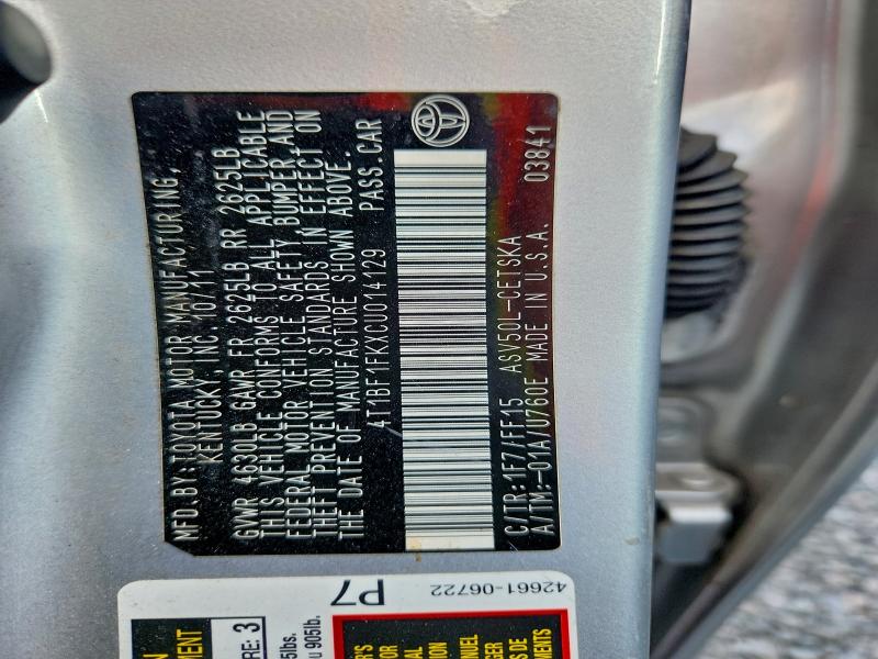 4T1BF1FKXCU014129 - 2012 TOYOTA CAMRY BASE GRAY photo 12