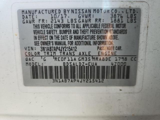 3N1AB7AP4JY215412 - 2018 NISSAN SENTRA S 白色 照片 12