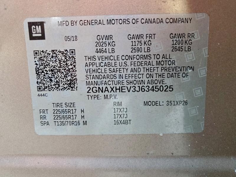 2GNAXHEV3J6345025 - 2018 CHEVROLET EQUINOX LS 棕色 照片 13