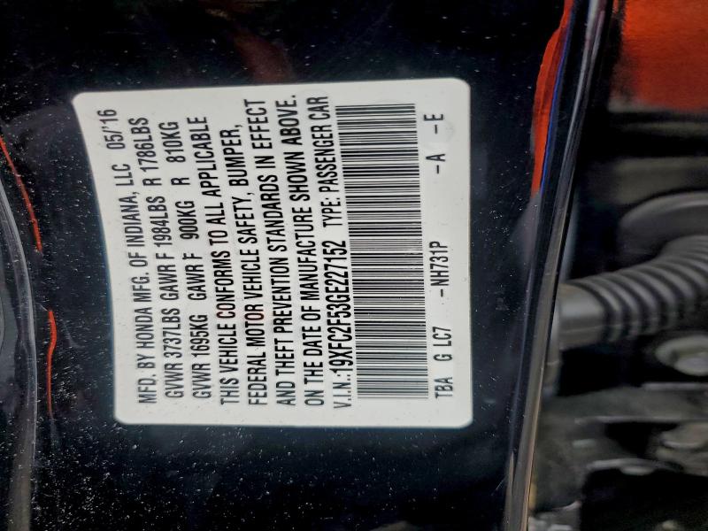 19XFC2F53GE227152 - 2016 HONDA CIVIC LX BLACK photo 13