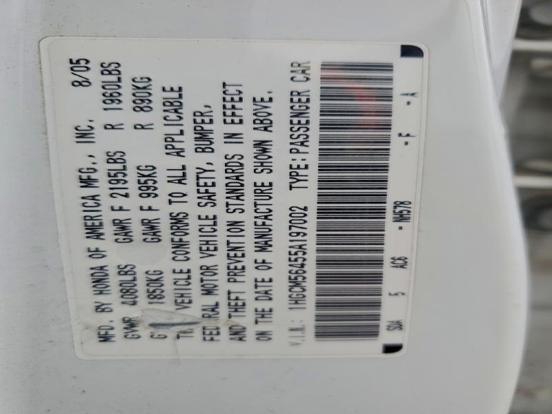 1HGCM56455A197002 - 2005 HONDA ACCORD LX WHITE photo 12