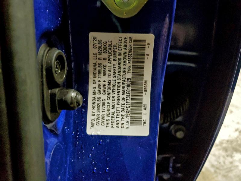 19XFC1F73LE018029 - 2020 HONDA CIVIC EXL Mavi fotoğraf 12