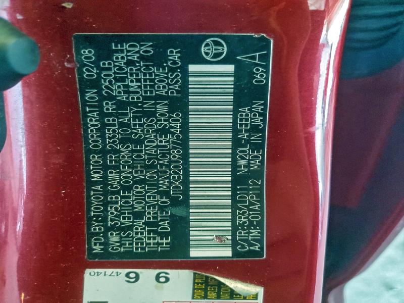 JTDKB20U987754406 - 2008 TOYOTA PRIUS BURGUNDY photo 12