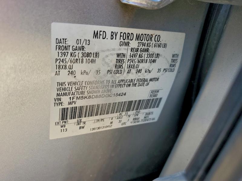 1FM5K8D88DGC15424 - 2013 FORD EXPLORER XLT SILVER photo 13