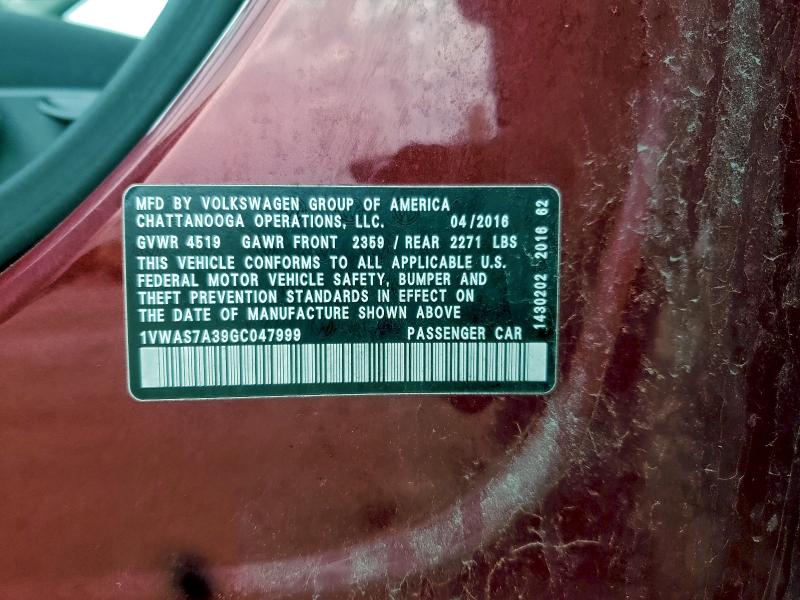 1VWAS7A39GC047999 - 2016 VOLKSWAGEN PASSAT S Կարմիր լուսանկար 12