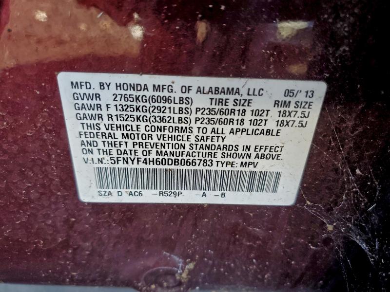 5FNYF4H60DB066783 - 2013 HONDA PILOT EXL BURGUNDY photo 13