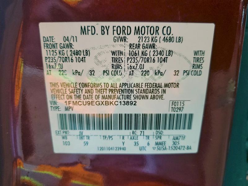 1FMCU9EGXBKC13892 - 2011 FORD ESCAPE LIMITED 红色 照片 13