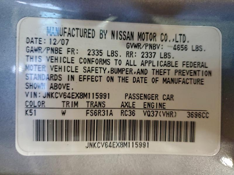JNKCV64EX8M115991 - 2008 INFINITI G37 BASE GRAY photo 12