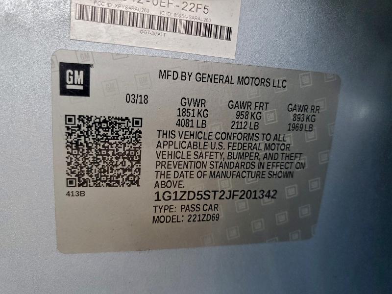 1G1ZD5ST2JF201342 - 2018 CHEVROLET MALIBU LT 银色 照片 12