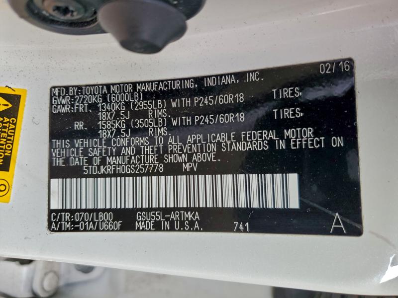 5TDJKRFH0GS257778 - 2016 TOYOTA HIGHLANDER XLE თეთრი ფოტო 13