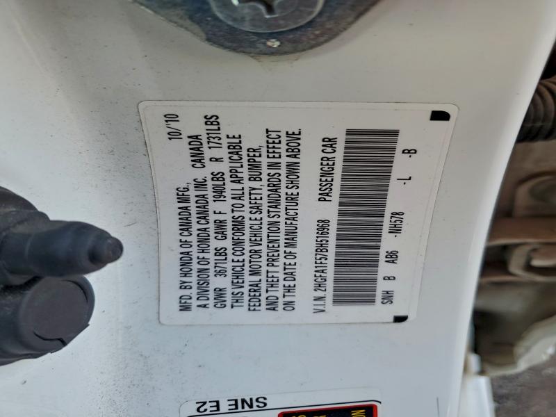 2HGFA1F57BH516968 - 2011 HONDA CIVIC LX თეთრი ფოტო 12