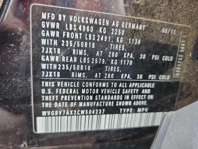 WVGBV7AX2CW504237 - 2012 VOLKSWAGEN TIGUAN S BLACK photo 13