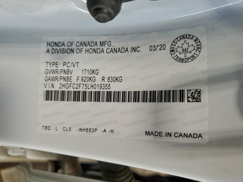 2HGFC2F75LH019355 - 2020 HONDA CIVIC EX WHITE photo 12