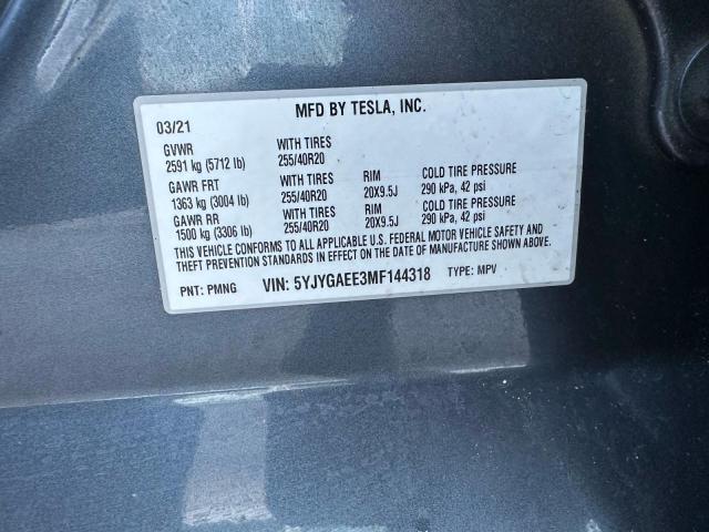 5YJYGAEE3MF144318 - 2021 TESLA MODEL Y GRAY photo 10