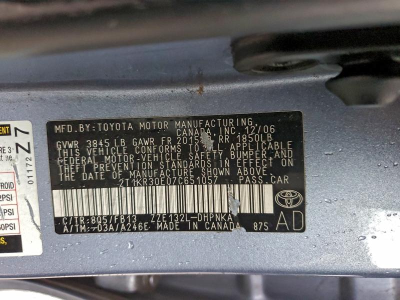 2T1KR30E07C651057 - 2007 TOYOTA COROLLA MA XR BLUE photo 12