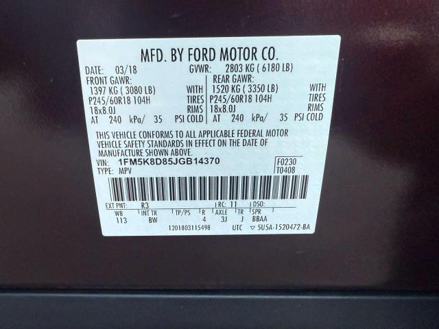 1FM5K8D85JGB14370 - 2018 FORD EXPLORER XLT 勃艮第红 照片 10