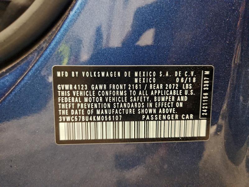 3VWC57BU4KM056107 - 2019 VOLKSWAGEN JETTA S BLUE photo 12