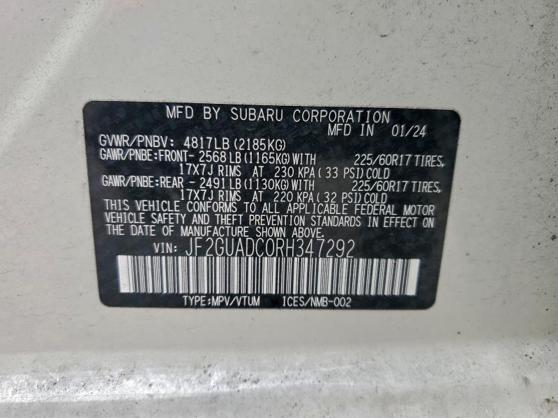 JF2GUADC0RH347292 - 2024 SUBARU CROSSTREK PREMIUM თეთრი ფოტო 13