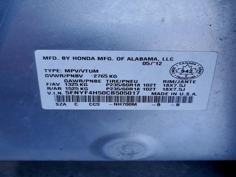 5FNYF4H50CB505017 - 2012 HONDA PILOT EXL Gümüş foto 14