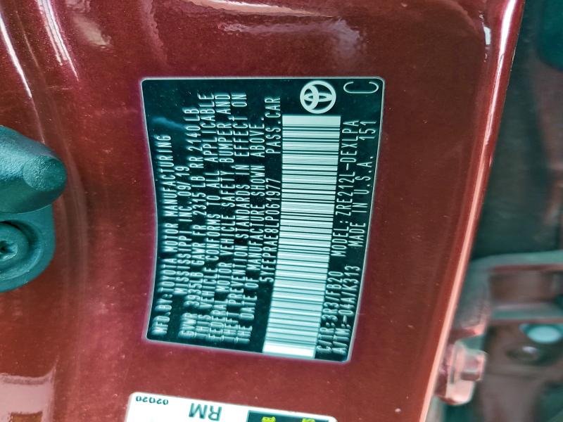 5YFEPRAE8LP061977 - 2020 TOYOTA COROLLA LE RED photo 12