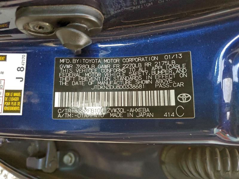 JTDKN3DU8D0338681 - 2013 TOYOTA PRIUS BLUE photo 12