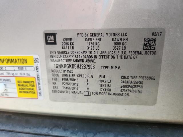 1GNKRGKD5HJ287906 - 2017 CHEVROLET TRAVERSE LT 银色 照片 13