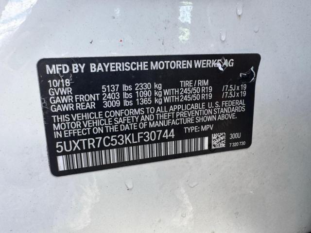 5UXTR7C53KLF30744 - 2019 BMW X3 SDRIVE30I WHITE photo 10