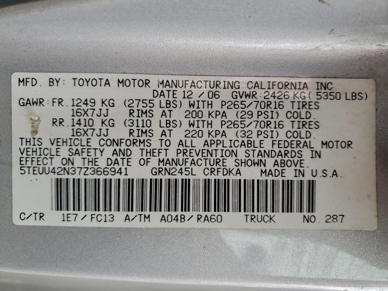 5TEUU42N37Z366941 - 2007 TOYOTA TACOMA ACCESS CAB ვერცხლისფერი ფოტო 12