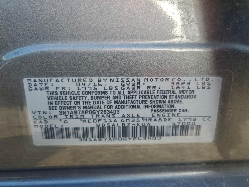 3N1AB7AP0GY263403 - 2016 NISSAN SENTRA S 灰色 照片 12