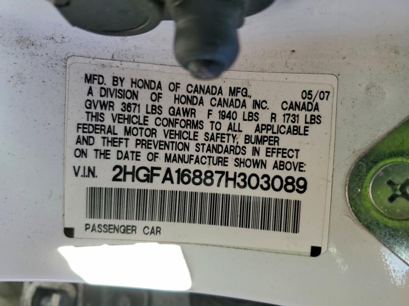 2HGFA16887H303089 - 2007 HONDA CIVIC EX WHITE photo 12