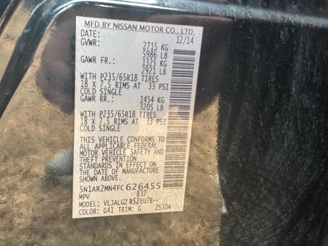 5N1AR2MN4FC626455 - 2015 NISSAN PATHFINDER S BLACK photo 10