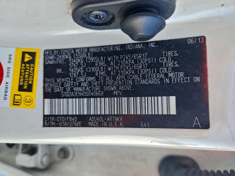 5TDZA3EH4DS040668 - 2013 TOYOTA HIGHLANDER BASE თეთრი ფოტო 14