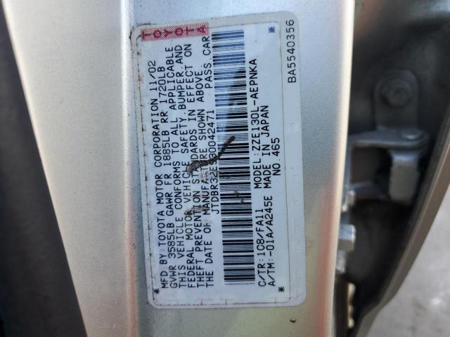 JTDBR32E930042471 - 2003 TOYOTA COROLLA CE ვერცხლისფერი ფოტო 12