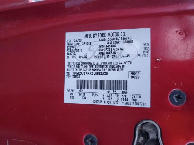 1FMZU67KX5UB82520 - 2005 FORD EXPLORER S RED photo 12