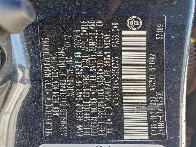 4T4BF1FK4CR256775 - 2012 TOYOTA CAMRY BASE BLACK photo 12