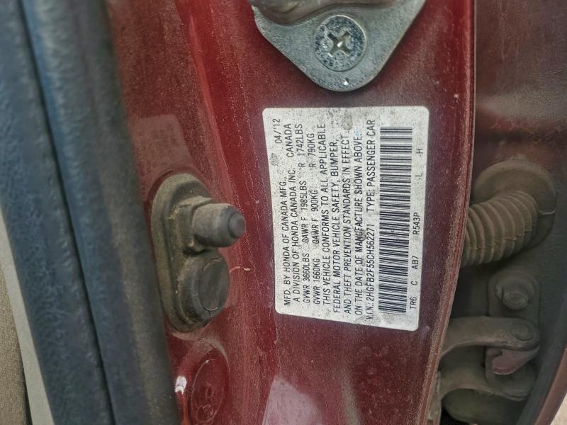 2HGFB2F55CH562271 - 2012 HONDA CIVIC LX RED photo 12