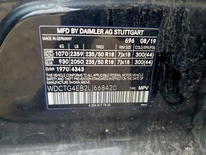 WDCTG4EB2LJ668420 - 2020 MERCEDES-BENZ GLA 250 შავი ფოტო 13