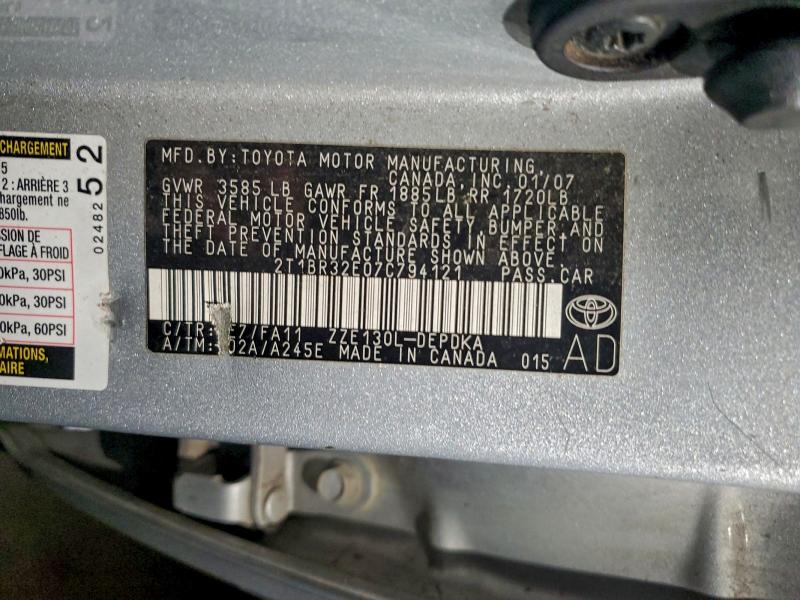 2T1BR32E07C794121 - 2007 TOYOTA COROLLA CE SILVER photo 12