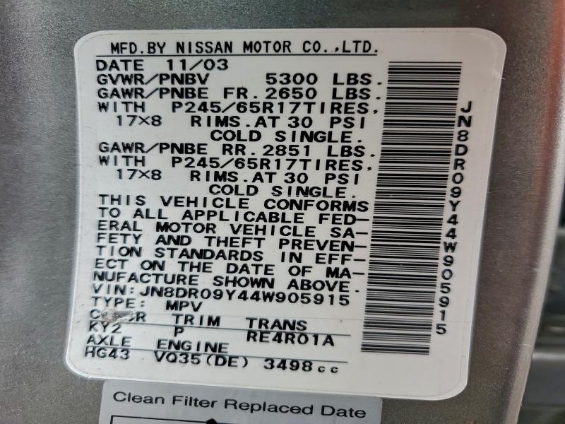 JN8DR09Y44W905915 - 2004 NISSAN PATHFINDER LE ბეჟი ფოტო 13