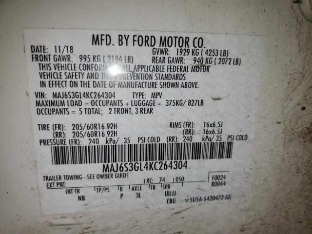 MAJ6S3GL4KC264304 - 2019 FORD ECOSPORT SE Ақ фото 13