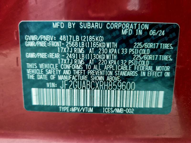 JF2GUABCXRH859600 - 2024 SUBARU CROSSTREK RED photo 13