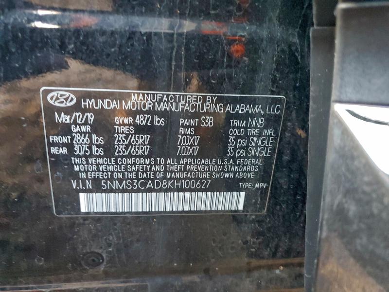 5NMS3CAD8KH100627 - 2019 HYUNDAI SANTA FE SEL BLACK photo 13