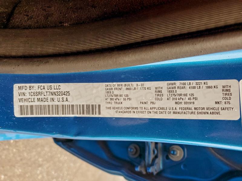 1C6SRFLT7NN320425 - 2022 RAM 1500 REBEL BLUE photo 12